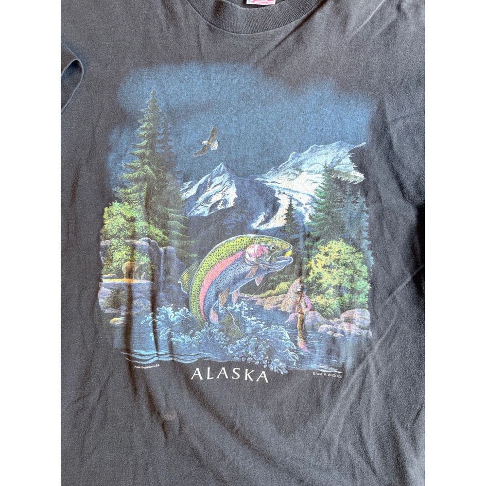 Vintage 90s Fruit of the Loom Alaska Rainbow Trout T-Shirt Faded Black Large - Picture 2 of 9